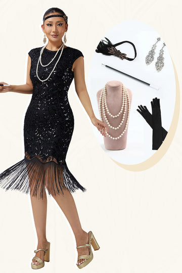 Black Bodycon Sequins Fringed 1920s Dress With 5-Piece Accessories Set